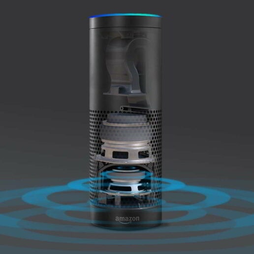 In Echo sind ein 2-Zoll-Hochtöner, 2,5-Zoll-Subwoofer mit Bassreflexrohr, Lautstärkeregler, sieben Mikrofone, Bluetooth- und WLAN-Funkmodul eingebaut. 