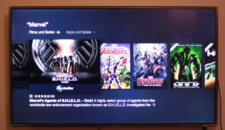 Sprechen Sie in die Fernbedienung ein Schlüsselwort und schon zeigt das Amazon Fire TV mit 4K Ultra HD den passenden Content an - in diesem Fall "Marvel".