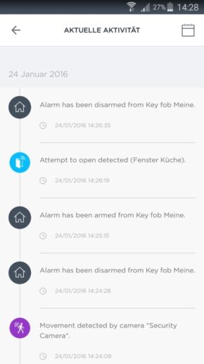 Die App Myfox Security zeigt alle Aktionen des Sicherheitssystems Home Alarm an.