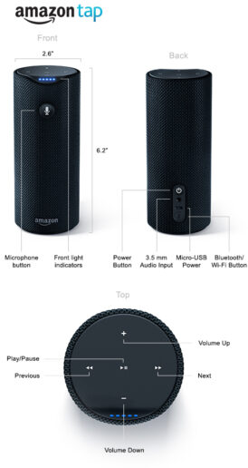 Der sprachgesteuerte Bluetooth-Lautsprecher Amazon Tap soll mit einer Akku-Ladung bis zu neun Stunden laufen. 