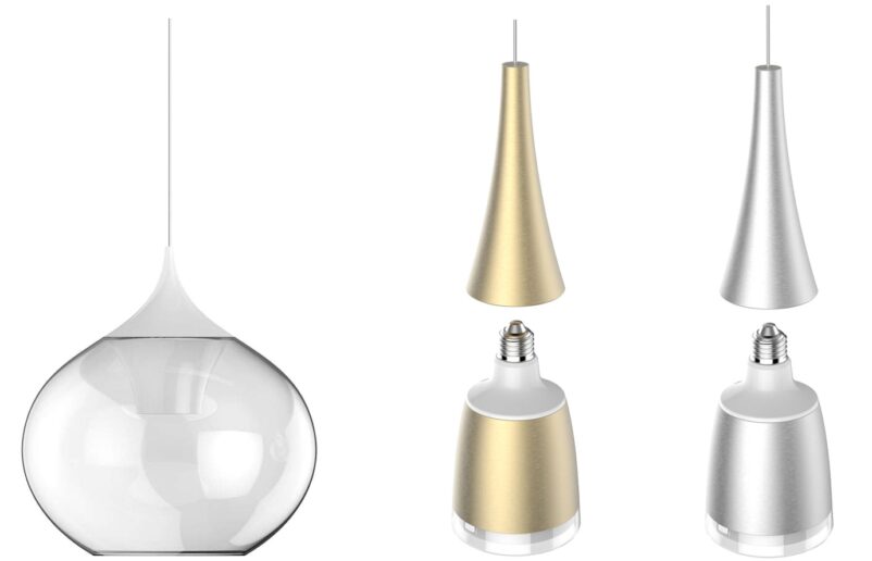Der transparente Lampenschirm Sengled Onion (links) eignet sich für die Sengled Pulse Flex und Pulse. Den trichterförmigen Sengled Horn (rechts) gibt es nur für die Pulse Flex.