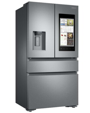 Der smart Kühlschrank Samsung Family Hub 2.0 hört aufs Wort, hat Kameras und ein 21,5-Zoll-Display eingebaut.