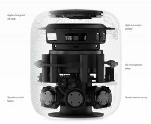 Beim Apple Homepod sind Hochtöner und Mikrofone in einer 360-Grad-Anordnung um die Mitte platziert.