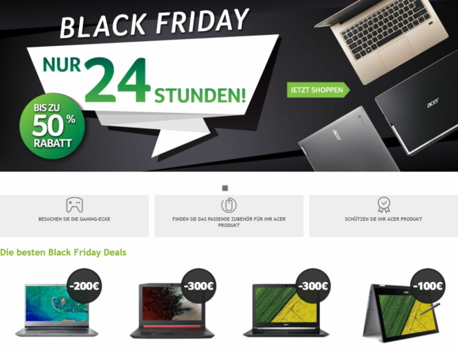 Acer Black Friday: Gaming-Notebooks, Spiele-PCs, schicke Ultrabooks und ausdauernde Business-Notebooks bzw. PCs um bis zu 50 % günstiger.