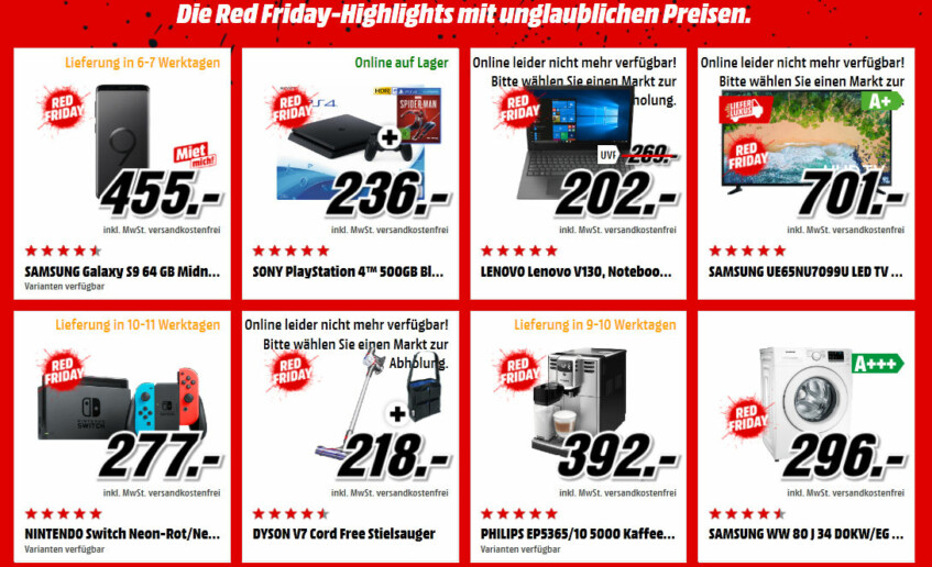 Mediamarkt Red Friday: Tonnenweise Elektronik zu Tiefpreisen. Mit PayPal müssen Sie erst 14 Tage später bezahlen.